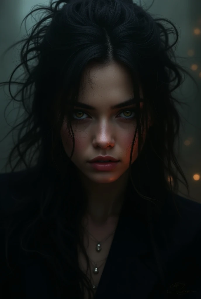 (photorealism:1.2), beautiful woman, messy hair, dark energy, dark place