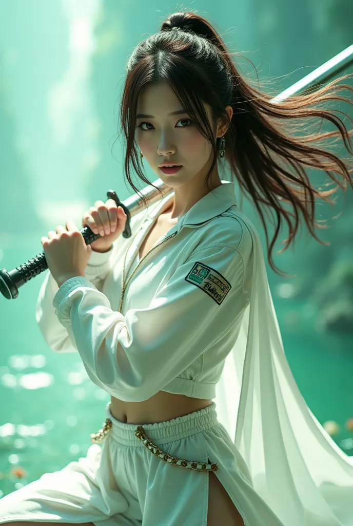 beautiful female in futuristic attire holding a sword, in the style of movie still, snapshot realism, light green and white, fuj...