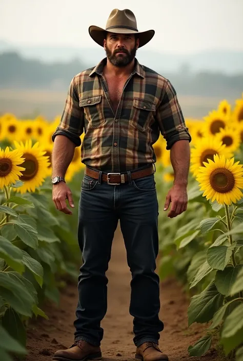  Muscular and hairy man , 30 years old, wears a plaid shirt , jeans negro, boots and hat. In the background a field of sunflowers. 