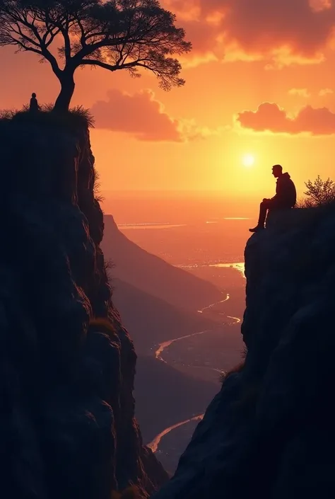 Cool photography style, silhouette of a man sitting on a rocky hill at the end of a ravine under a tree,staring at the cityscape at dusk time with orange sky and sun ,ultra realistic,detail,ultra HD.