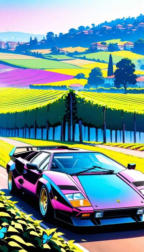 organic expressionism ,car,1 car ,lamborghini,countach,year-1974,scissor-door, body color =rainbow/black, bonnets with butterfli...