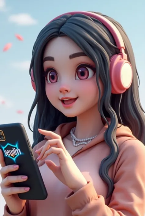 Create a 3D illusion for a gaming logo the Girl with headphones holding a mobile phone amd pubg play looking so cute, video game avatar features the name “ LEYLIM ” in a realistic font with blue colour and create realistic image