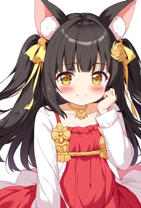 Nagato、Black Hair、 cute girl 、 、Big animal ears、blush、Puff out your cheeks、Big ribbon、White background、masterpiece、 High image quality 、 masterpiece胸,  Masterpiece
