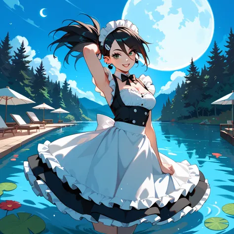 imaginary,full moon,on the water,girl dancing on the lake, maid clothes,black hair,undine