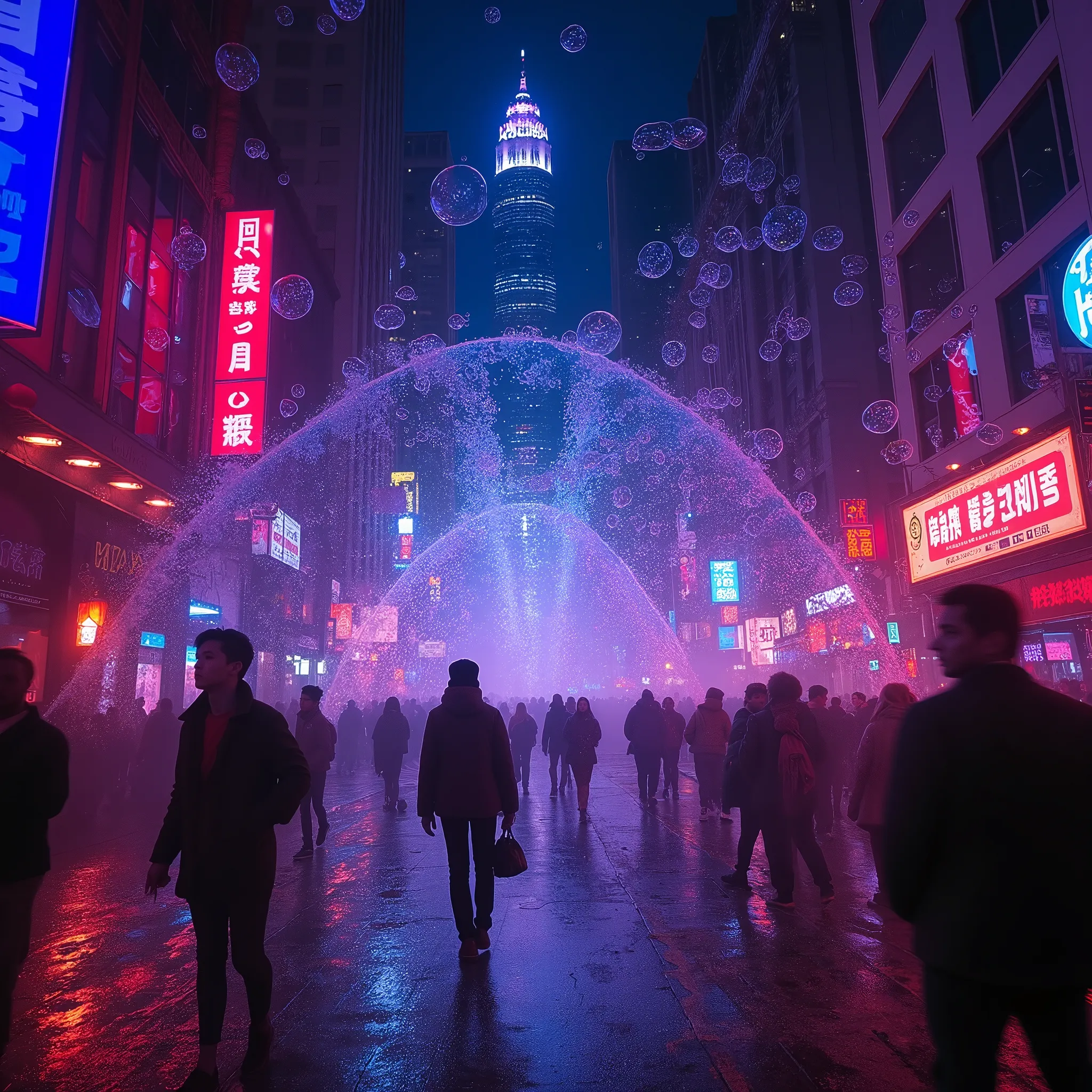 massive bubbles that shine in response to neon light 、 main street where people go looking up at skyscrapers {x} main street cov...