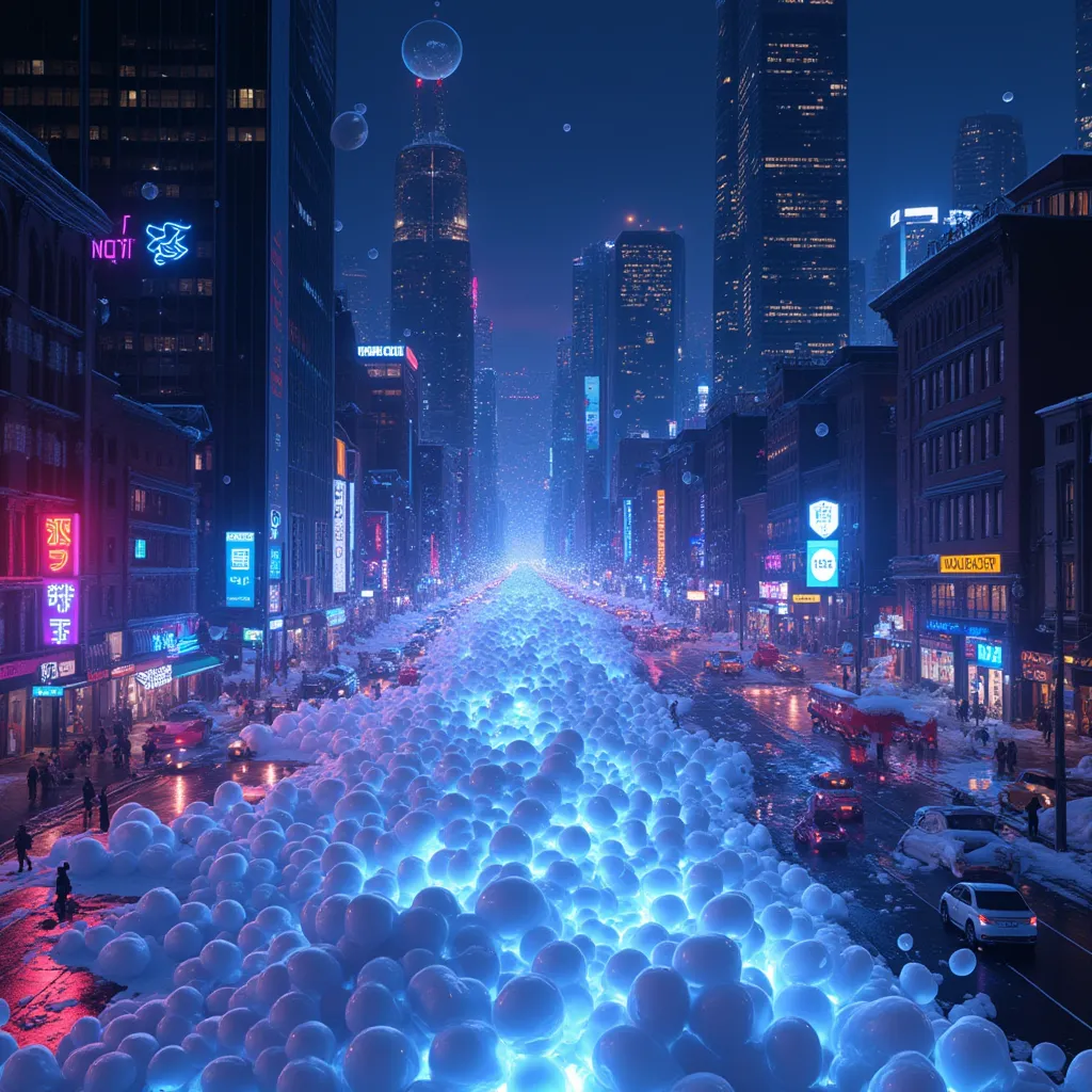 a large amount of glowing bubbles illuminated by neon lights, main street covered in foam from a malfunctioning building fire ex...