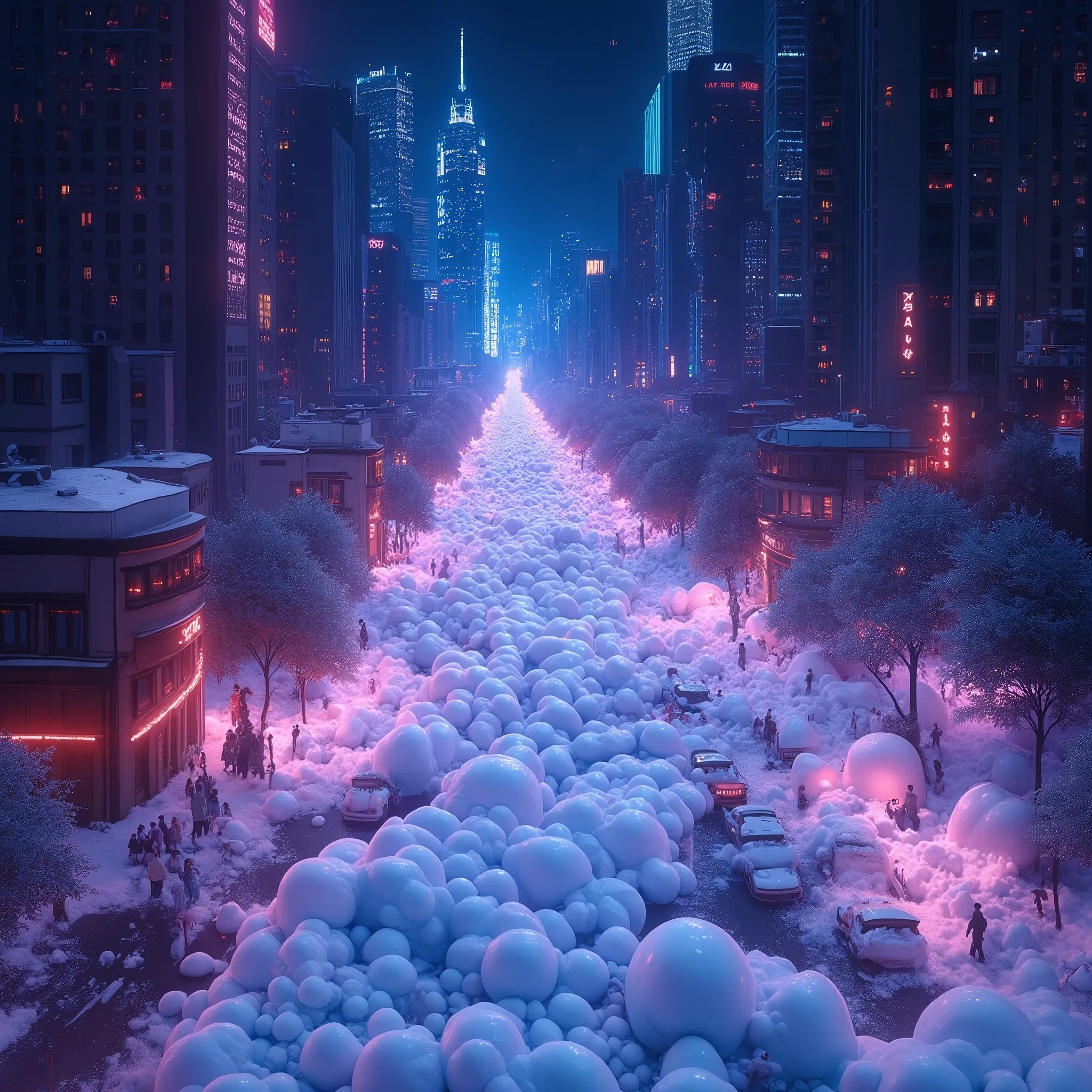 a large amount of glowing bubbles illuminated by neon lights, main street covered in foam from a malfunctioning building fire ex...