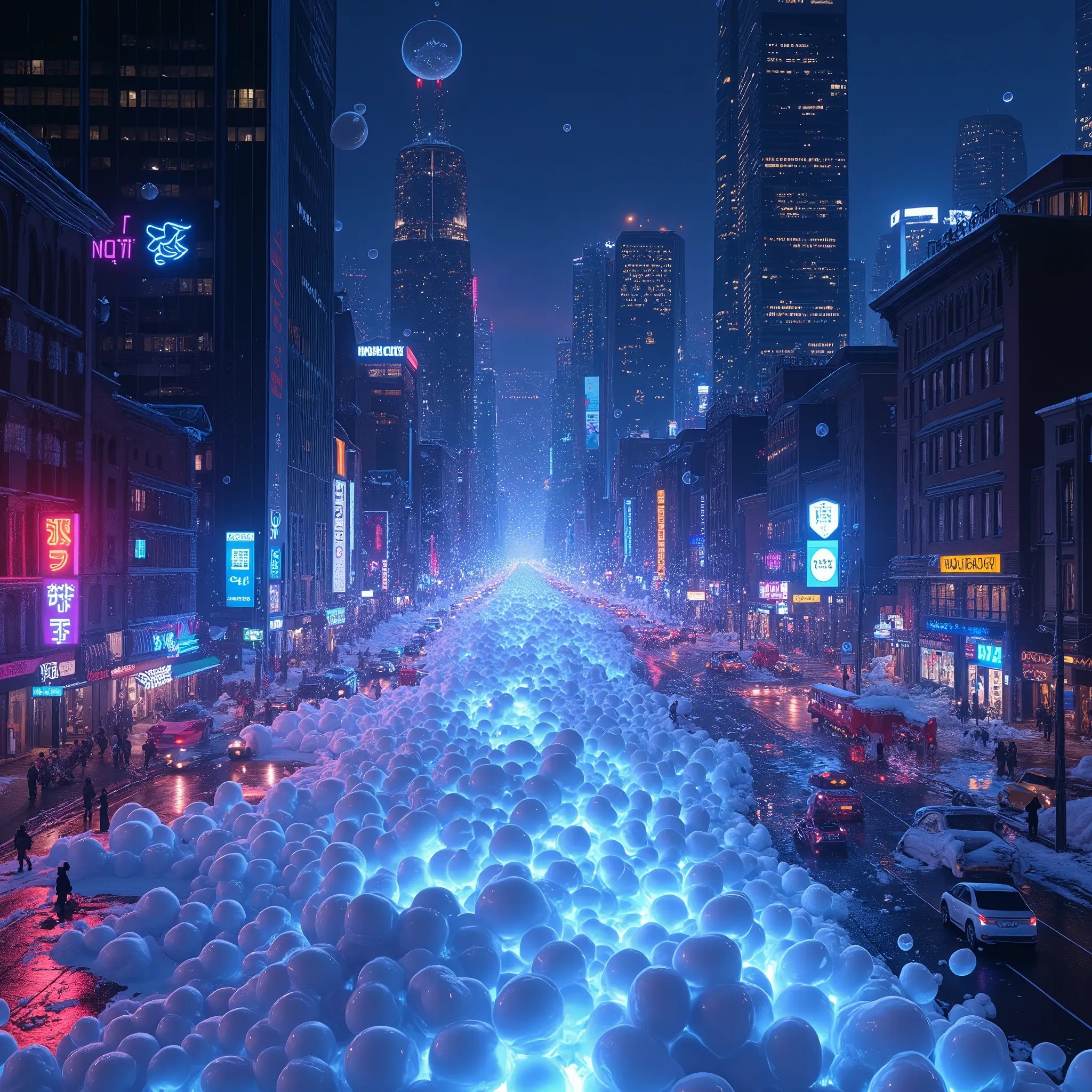 a large amount of glowing bubbles illuminated by neon lights, main street covered in foam from a malfunctioning building fire ex...