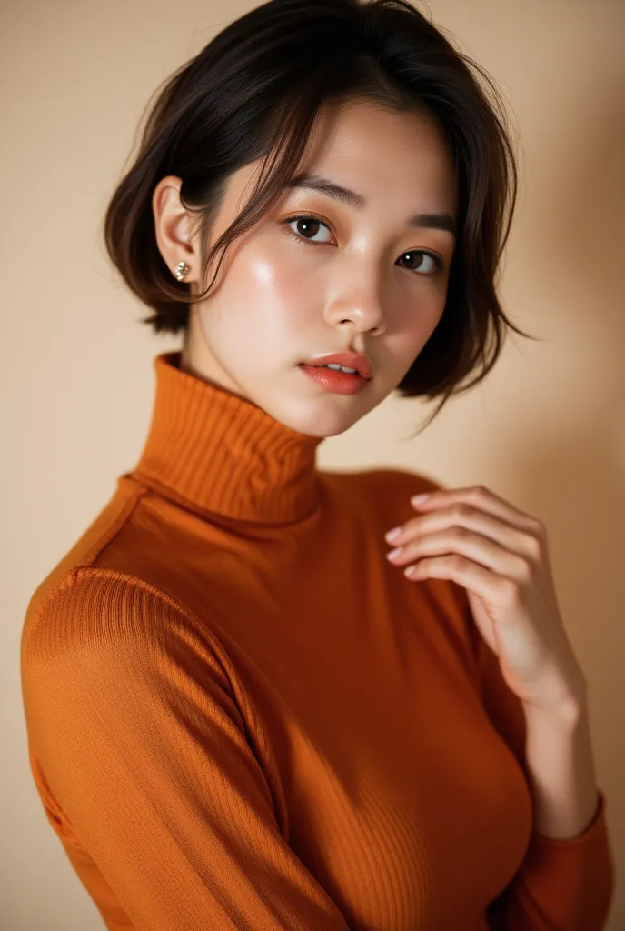 a stunning 1girl in her s, posing for a glamorous portrait photoshoot. she wears an orange turtleneck sweater up to her chin, re...