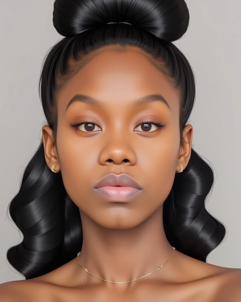 create a very minimalist colored drawing of an  black girl with silk pressed hair, blowout, flipped and curled, destini,  a clos...