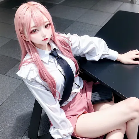 Kyoko DG,  1 Girl, tie, Alone,  jacket, shirt,  watching viewers ,  long sleeve, white shirt, collared shirt,  sitting on a chair , classroom, Pink Blood,