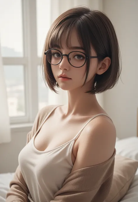 bob cut,medium breasts,glasses