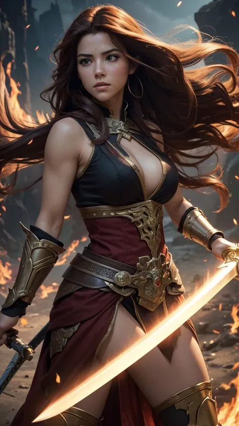 A beautiful attractive woman, movie, charming, with hair of fire, warrior,  holding a large sword with two hands , Leaving in the air and taking a slash blow , que abriu uma fenda no chao High resolution, breasts,  masterpiece ,  High resolution,  long hai...