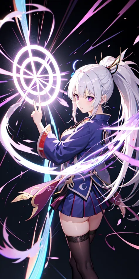 1girl, japanese clothes, ponytail ,white hair, purple eyes, magic circle, blue fire, blue flames, wallpaper, landscape, blood, b...