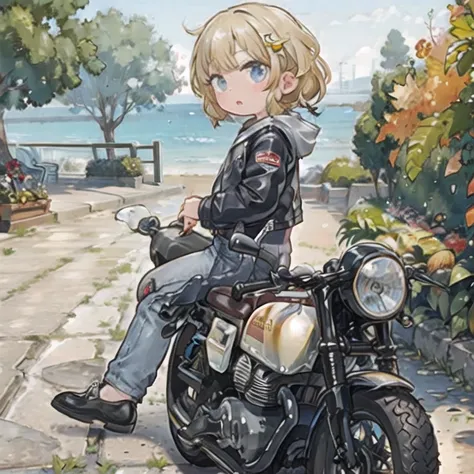 (masterpiece, best quality:1.2), a young girl rides a motorcycle, alone,