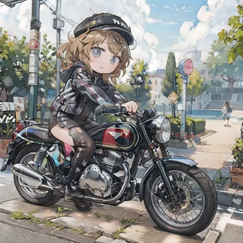 (masterpiece, best quality:1.2), a young girl rides a motorcycle, alone,