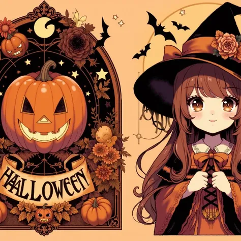 Illustration wallpaper、 Witch Girl Facing Front and Witch Girl Facing Back、Plate with Halloween written on it 、Jack O&#39;Lantern、Halloween