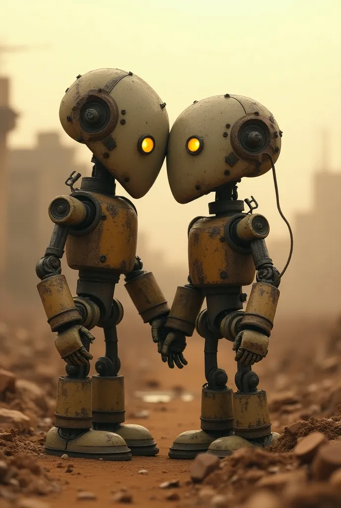 Distant future,  In the center of the frame, a close-up of two old rusty robots stand hugging,(different robots  ,Damaged,  haven't been working for a long time  ( only one of them barely has his left eye glowing , rust, dust,) standing in the midst of heaps of debris and radioactive dust , post apocalypse, ветер носит dust и пепел,  behind you can see the old ruins of a modern city , давно разрушенные и занесенные dustю руины небоскребов,  the sky is orange-gray , солнце едва пробивается через dust, Feature film style,  extra realism , maximum quality.