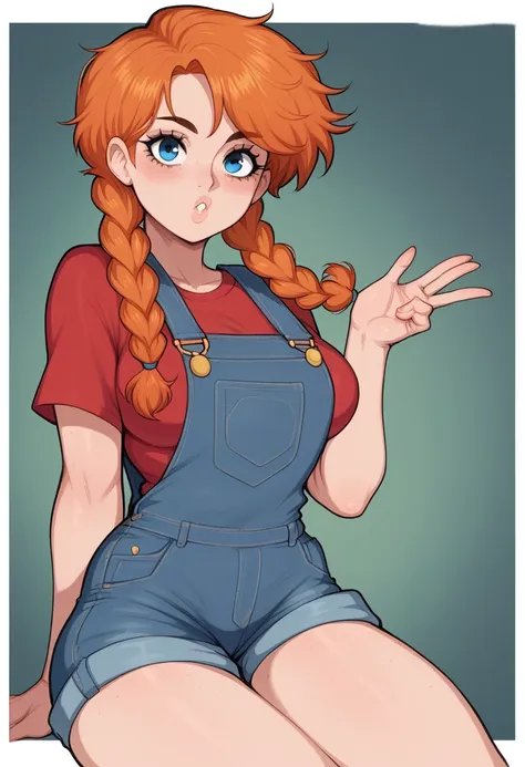 sexy girl, curvy, orange hair, two long braids hair, freckles on the face, freckles on breast, freckles on legs, big freckles, v...