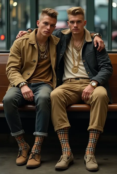 full legnth realistic photo view of 2 arrogant Burberry swagg chav blond european white gay boys with perfect scally hype-styled undercut haircuts, Burberry clothing, in their dirty Burberry checked socks, no shoes, dozens of gold rings, necklaces, bracele...