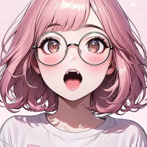 tiny girl, pastel pink hair, soft brown eyes, beautiful, nerdy t-shirt, face close-up, lipgloss, brat, big round glasses, korean...