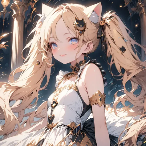 absurd,anime,detailed and beautiful eyes,(art),(artistic clothing:1.5),cat costume,heart,sleeveless,blonde, twin tails,smile,(a ...