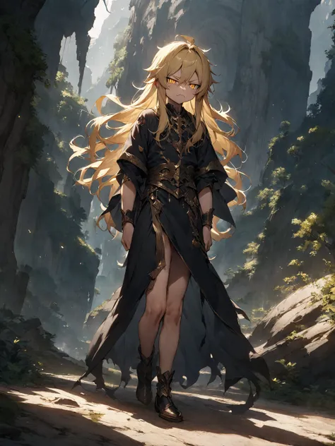 masterpiece,  Best Quality , Alone,(boy:1.3),(１５age:1.3),blonde hair,Disheveled Hair、(long hair),(fang:1.3)gold eyes,(slit pupils:1.1),slant eyes, (frown:1.3),full body,well-trained body, fantasy world 