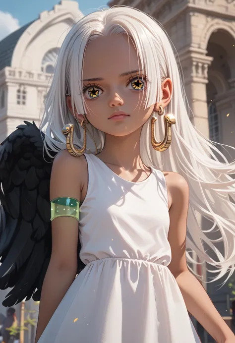 1 niña,aasnake, long hair, white hair, dark skin, earrings, yellow eyes, symbol-shaped pupils, black wings, small breasts. sundr...