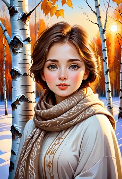    white,  The snowy white birch trees shine in the background    、 The warm house she lives in the sunset   、  Young Russian girl,       ,     ,    old canvas   , "   girl by the White Birch   " ( in the style of ,  Oil painting on canvas ),      Beautifu...