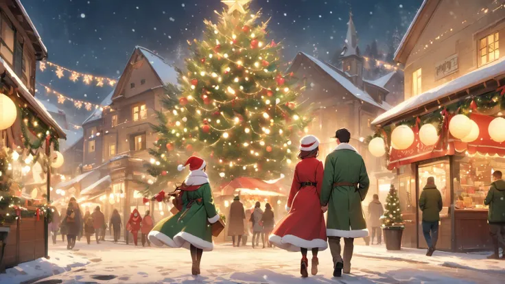 （masterpiece、high quality、High resolution、detailed、８k)、A Japanese Couple of a man and a woman walking hand in hand (seen in distance, full length、back view), Christmas market, large Christmas tree、Two people sideways、they are having fun、Her dress warmly wi...