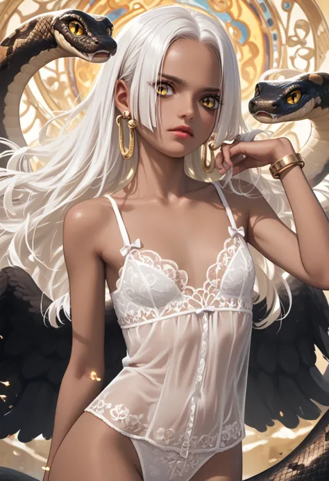 a girl, snake,  long hair,  white hair , dark skin, earrings,  yellow-eyed ,  pupils in the shape of a symbol , black wings,  sm...