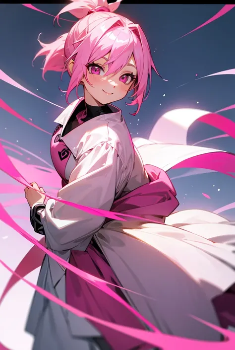 Pink Hair,  ponytail, smile,  anime style,  pink eyes, Dress