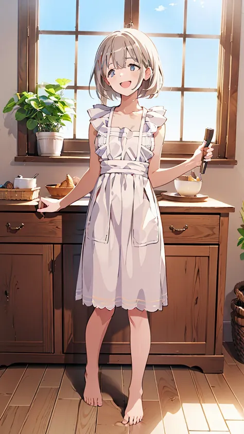 masterpiece, best quality,  kampala,  very detailed,(((serizawa asahi ))), ((( naked apron))), (((frills))), (((barefoot))), (((...