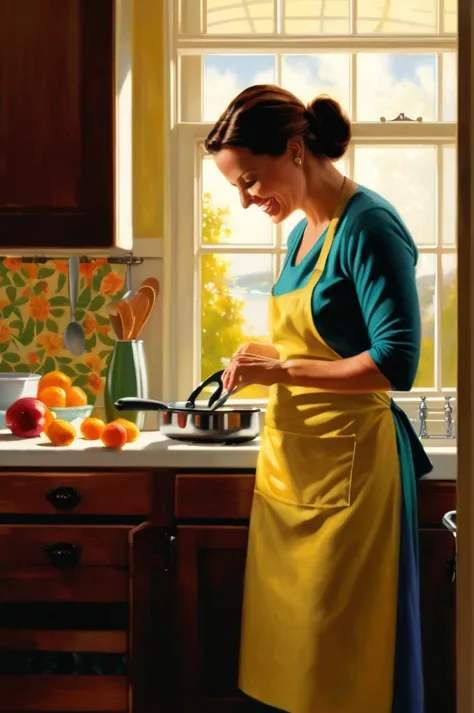 ,  craig mullins style  ,,  a very detailed mother in her kitchen preparing food, sunny day window , happy, smiling,