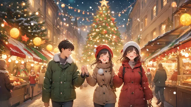 （masterpiece、high quality、High resolution、detailed、８k)、Man and woman walking hand in hand, close-up of hands holding hands, full of love, Christmas market, large Christmas tree、they are having fun、 Lively atmosphere、Enjoying Christmas、Big Christmas tree be...