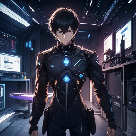  illustration of a young man , Black Hair, Short Hair,  dark eyes,  short wolf hair , 20-year-old man, Im wearing a black skinny pilot suit,  relaxing in a spaceship lobby , A smirking expression, Official Art、 Best Quality 、 unity 8k Wallpaper 、32K、master...