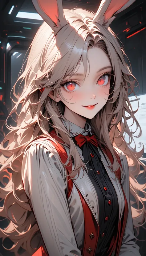 Alone, woman,  close, Long Hair, Wild Hair, Red eyes, slender, Bunny ears, cute ears , Rabbit Girl, Futuristic, Bright Eyes, Simple clothes, Rabbit hands , Luxury Office,   Victorian Era, Adorable smile,masterpiece, accurate,  anatomically correct, Best Qu...