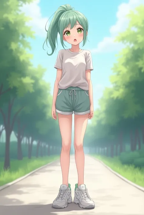 Moe anime girl 　Full body image　 hair ponytail　The color is milk tea color 　Wearing gym clothes　 shoes are thick soled sneakers　The background is outside