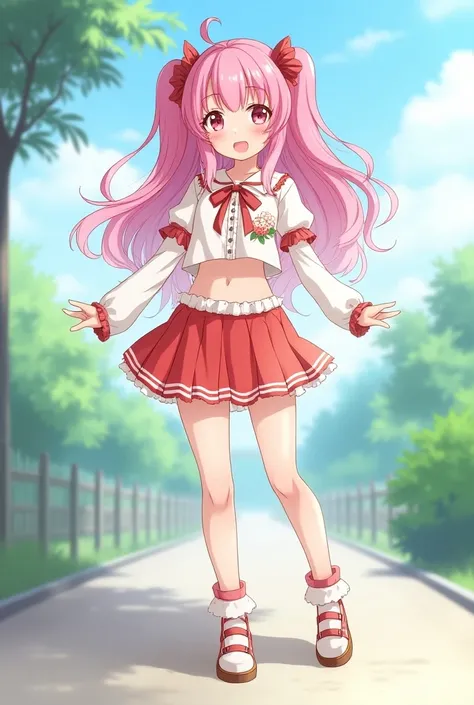 Moe anime girl 　Full body image　The hair is long and the perm color is light　Cosplaying　The background is outside