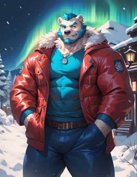 lindong, semirealistic:1.3, snow, Atlantic, night, aurora borealis, furry polar bear, white furr, red jacket, hand on pocket, belt, standing, muscular, mass, old, blue beard