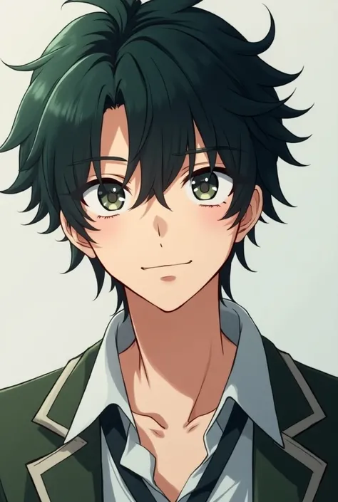  anime style、Black Hair、Messy hair、18 years old、 Handsome Man 、uniform、smile、Green and black hair