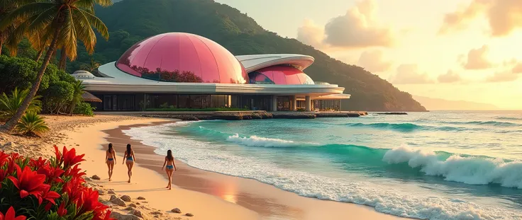 (photorealistic taken with a medium format camera +2), A Futuristic mansion just back from the beach front, the mansion has a large pink glass dome with chrome marble and industrial style construction, the beach is golden sand with aqua blue ocean, there a...