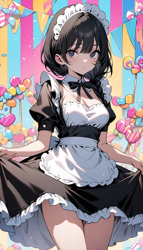 candyland, full background ,  cowboy shot, detailed face, perfect fingers, woman,  dark eyes, black hair ,  braid, black maid ou...