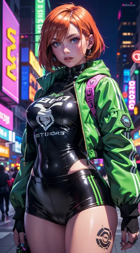 beautiful short hair woman is shown to have a tiny figure, colorful hair, wearing future green cyber city clothes, big green col...