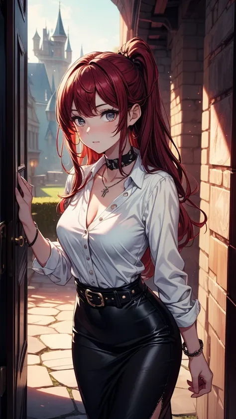 ((masterpiece, best quality:1.8, high detail)), beautiful woman, long hair, (dark red hair), low ponytail, hairpin, (white blouse), (black midi pencil skirt), ((long black skirt)), necklace, bracelets, belt, collarbone, dark corridor, castle, stone, gothic...