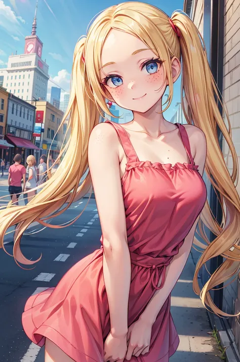 lustrous skin, 1girl, blonde hair, twintails, forehead, long hair, freckles, blue eyes, red sleeveless dress, pink shortsleeved shirt,  city, smile, breast, collarbone, city, looking at viewers, day, sky, smile,