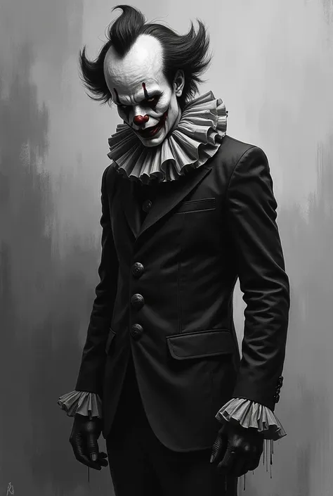 splatterpunk. horrifying maniac clown art in a black and white suit. grotesque fantasy, muted palette and dry brush technique, c...