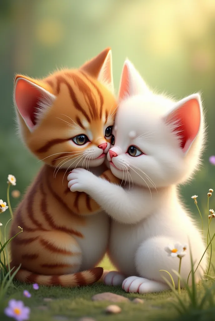  The cutest brown tiger pattern kitten in the world and the cutest white kitten in the world hug、Scenery of friendship 、Realistic、precious