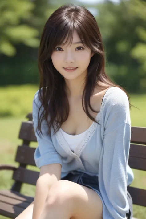 photo-realistic quality、japanese model is sitting on a bench wearing a miniskirt,  likeい日本人の女の子の,  like々the beauty of japan, sit...