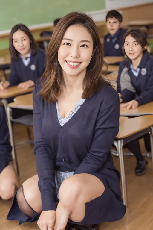 ,(((  composition taking commemorative photos of female teachers and male students ..)))，Female teachers are age 35 ，Mature Female Teacher，  Female teachers have stupid makeup  ，8K quality，High quality masterpiece ，In an elementary school classroom ， Femal...